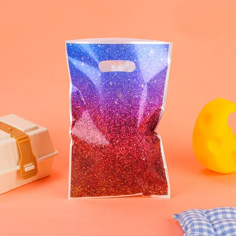 Gradient Color Glitter Plastic Gift Bags With Die-cut Handle Multi-color Pearl Film Packaging Bags For Party Favors Shopping