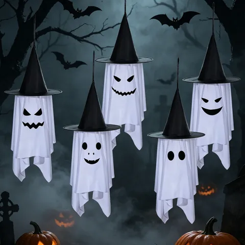 Halloween Hängende Geisterdekoration Mit Hexenhut LED Leuchtendes Gruseliges Weißes Gespenst Ornament Für Hof Garten Outdoor Party Szene Dekor