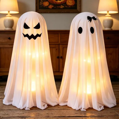 Halloween Standing Spooky Ghost Decoration With LED Lights And Witch Hat For Outdoor Yard Party Festive Props