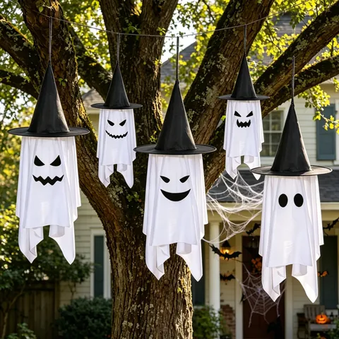 Halloween Hängende Geisterdekoration Mit Hexenhut LED Leuchtendes Gruseliges Weißes Gespenst Ornament Für Hof Garten Outdoor Party Szene Dekor