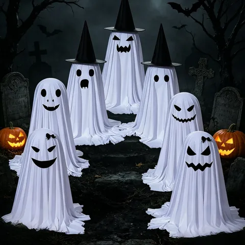 Halloween Standing Spooky Ghost Decoration With LED Lights And Witch Hat For Outdoor Yard Party Festive Props