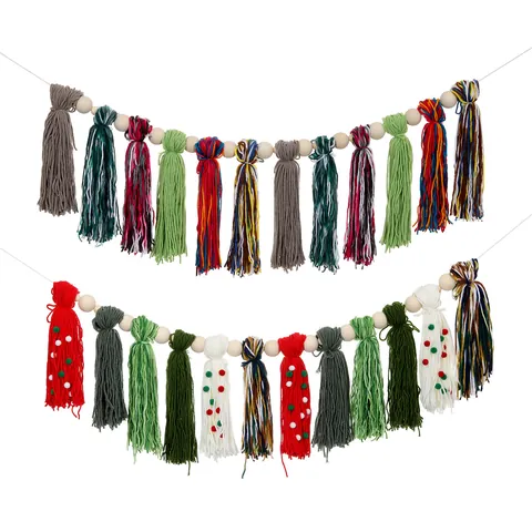 Christmas Tassel Banner Bohemian Handmade Polyester Tassel Garland With Wooden Beads Fireplace Wall Hanging Holiday Party Decoration
