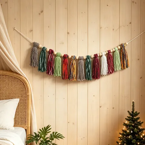 Christmas Tassel Banner Bohemian Handmade Polyester Tassel Garland With Wooden Beads Fireplace Wall Hanging Holiday Party Decoration