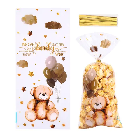 Cute Bear Balloon Pattern OPP Flat Packaging Bags Transparent Plastic Gift Bags For Candy Cookies Popcorn With Ties