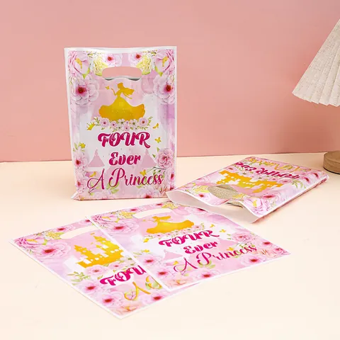 Sacs Cadeaux Princesse Château Rose Anniversaire Sacs à Main Floral Plastique Bonbons Sacs d'Emballage Pour Quatrième Anniversaire Filles Fête