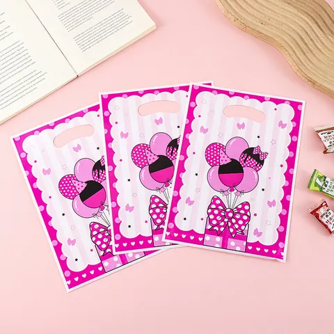 Pink Pearl Film Happy Birthday Printed Gift Bags With Handle Festive Party Return Candy Bags Cartoon Striped Favor Pouches