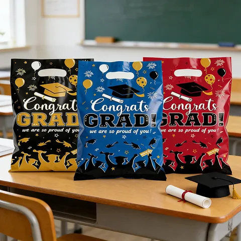 Congrats Grad Graduation Party Gift Bags Plastic Handheld Treat Bags Mixed Colors For Graduation Ceremony Celebration Favors