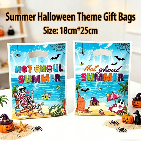 Summer Halloween Theme Plastic Gift Bags Skull Beach Print Hot Ghoul Summer Party Candy Snack Tote Bag For Holiday Celebration