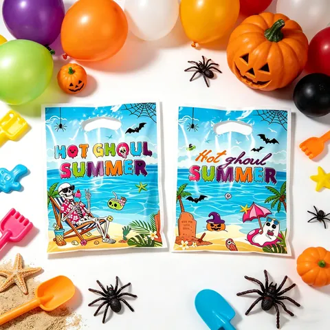Summer Halloween Theme Plastic Gift Bags Skull Beach Print Hot Ghoul Summer Party Candy Snack Tote Bag For Holiday Celebration