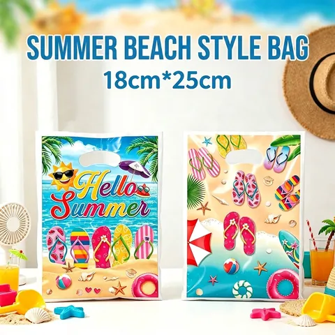Sommerurlaub Thema Kunststoff Tragetasche Geschenkbeutel Mit Flip Flop Druck Cartoon Strand Muster Ausgestanzte Griff Taschen Für Party