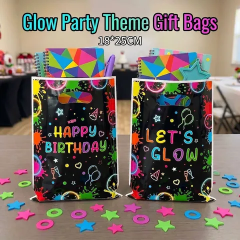 Sacs Cadeaux d'Anniversaire Éclaboussures Néon Sacs en Plastique Noir pour Lets Glow Party Ballons Fluorescents et Motifs de Chapeaux