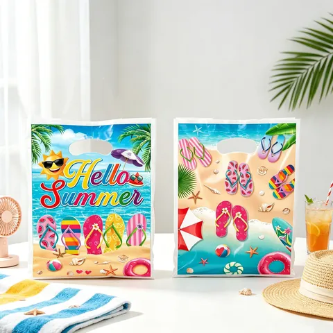 Sommerurlaub Thema Kunststoff Tragetasche Geschenkbeutel Mit Flip Flop Druck Cartoon Strand Muster Ausgestanzte Griff Taschen Für Party