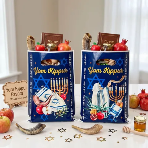 Yom Kippur Gift Bags Jewish Religious Star Of David Menorah Shofar Printed Plastic Handle Treat Bags For Holiday Party