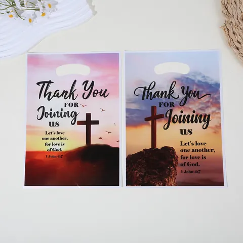Sacchetti Regalo Religiosi con Croce Cristiana e Scritta Thank You in Pellicola Perlacea con Manico Fustellato Borse di Plastica con Stampa Versetti Biblici per Feste Matrimonio Chiesa