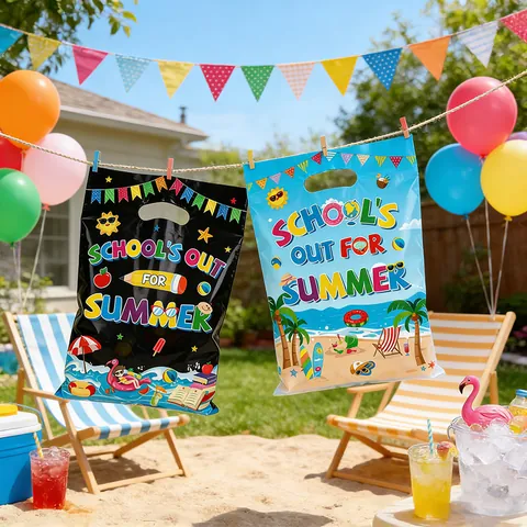 Sacs Cadeaux en Plastique pour Fête de Plage d'Été Thème School's Out For Summer Sacs à Bonbons Sacs d'Emballage à Main pour Anniversaire d'Enfants Vacances
