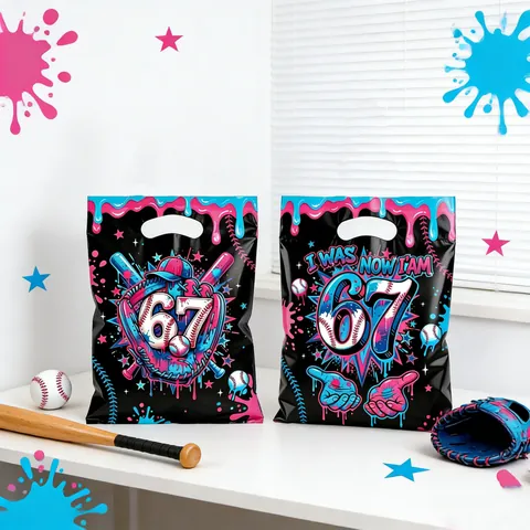 Baseball Party Gift Bags Plastic Handled Candy Bags Graffiti Style For Kids Birthday Celebration Theme Sports Event Decorations