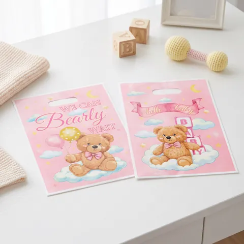 Ροζ Σακούλες Δώρου Baby Shower Αρκουδάκι Πλαστικές Σακούλες με Διάτρητη Λαβή για Πάρτι Νεογέννητου Κοριτσιού
