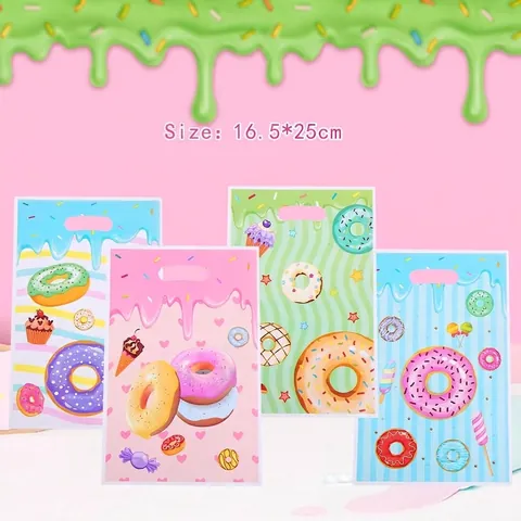 Donut Theme Plastic Gift Bags Cartoon Dessert Print Pearlescent Film Handheld Packaging Bag For Candy Cookie Party Favor