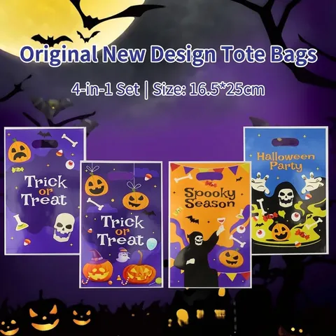 Halloween Pumpkin Skeleton Printed Plastic Tote Bags Halloween Party Candy Gift Storage Bags Trick Or Treat Favor Bags