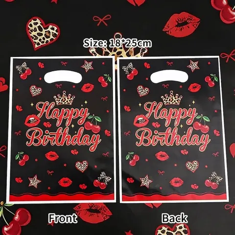 Happy Birthday Plastic Gift Bags Black Leopard Print Heart Cherry Lip Pattern Tote Handbags Portable Candy Packaging Bags For Party Celebration