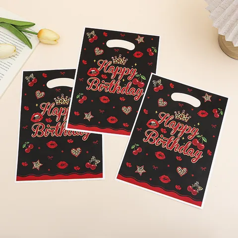 Happy Birthday Plastic Gift Bags Black Leopard Print Heart Cherry Lip Pattern Tote Handbags Portable Candy Packaging Bags For Party Celebration