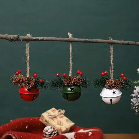 Christmas Bell Hanging Ornament With Pine Cone Berry Decor Metal Star Hollow Out Jingle Bell For Christmas Tree Home Decor