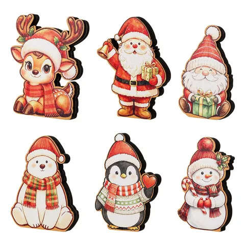 Christmas Cartoon Wooden Desktop Ornament Santa Claus Reindeer Snowman Penguin Polar Bear Home Office Xmas Scene Decor