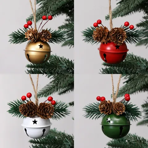 Christmas Bell Hanging Ornament With Pine Cone Berry Decor Metal Star Hollow Out Jingle Bell For Christmas Tree Home Decor