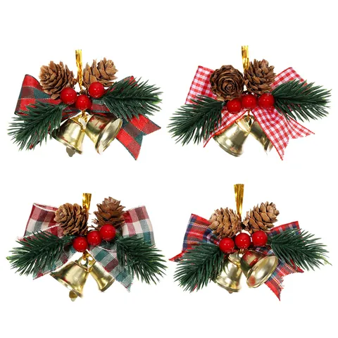 Christmas Bow Decoration With Golden Bells Pine Cones Red Berries Pine Needles For Christmas Tree Wreath DIY Ornament Gift