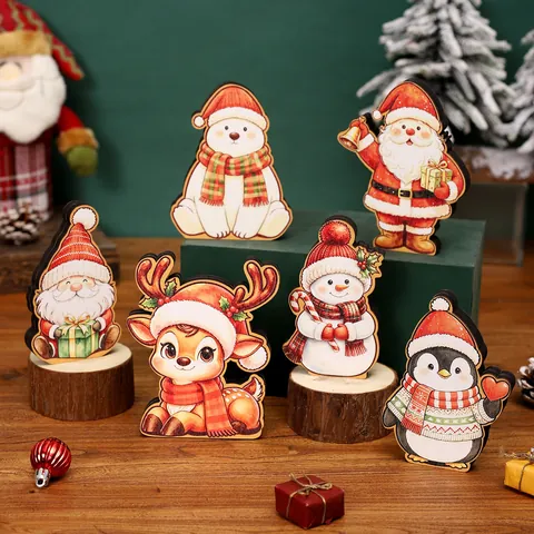 Christmas Cartoon Wooden Desktop Ornament Santa Claus Reindeer Snowman Penguin Polar Bear Home Office Xmas Scene Decor