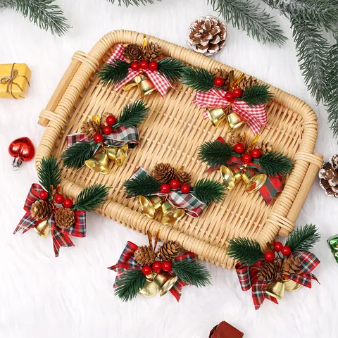 Christmas Bow Decoration With Golden Bells Pine Cones Red Berries Pine Needles For Christmas Tree Wreath DIY Ornament Gift