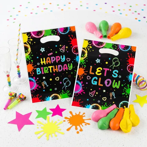 Sacs Cadeaux d'Anniversaire Éclaboussures Néon Sacs en Plastique Noir pour Lets Glow Party Ballons Fluorescents et Motifs de Chapeaux
