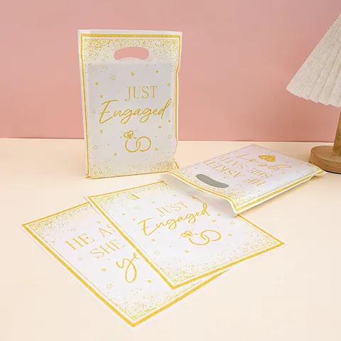 Just Engaged Verlovingsfeest Cadeauzakjes Wit Goud Bruiloft Huwelijksaanzoek Souvenir Handtassen Plastic Snoepzakjes Met Handvat