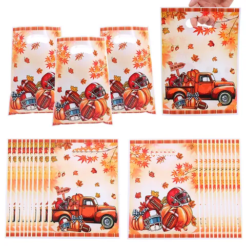 Autumn Harvest Pumpkin Plastic Gift Bags Thanksgiving Party Favor Bags Vintage Truck Maple Leaf Decorative Handheld Treat Bags