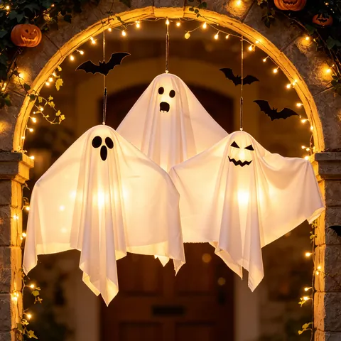 Halloween LED Ghost Hanging Light Spooky Glowing Ghost Ornament Polyester Hanging Atmosphere Decor For Home Party Festival