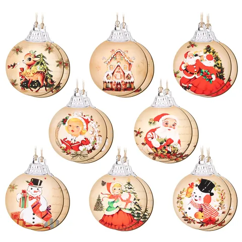 Vintage Wooden Christmas Tree Hanging Ornaments Retro Santa Claus Snowman Reindeer Flat Round Wooden Pendants For Home Xmas Decor