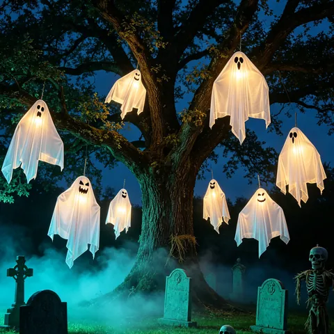 Halloween LED Ghost Hanging Light Spooky Glowing Ghost Ornament Polyester Hanging Atmosphere Decor For Home Party Festival
