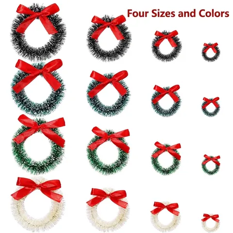 Christmas Decoration Mini Sisal Wreath Snow Flocked Wreath With Red Bow Ribbon For Holiday Party Home Tree Hanging Ornaments