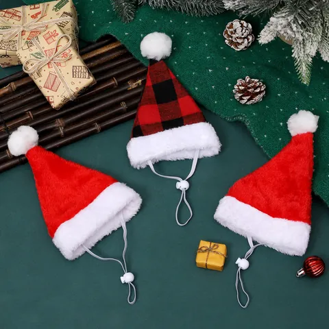 Festliche Haustier Weihnachtsmütze Katze Hund Xmas Santa Mütze Mit Verstellbarem Riemen Polyester Kariert Plüschball Haustier Kopfschmuck