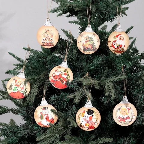 Vintage Wooden Christmas Tree Hanging Ornaments Retro Santa Claus Snowman Reindeer Flat Round Wooden Pendants For Home Xmas Decor