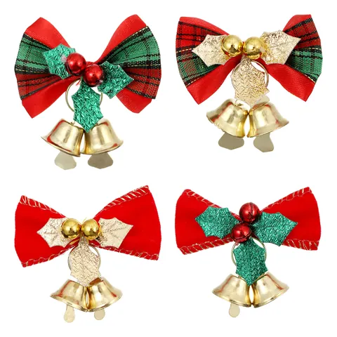 Handgefertigte Weihnachtsschleife Mit Gold-Mini-Glocken Rot Grün Kariert Polyester Weihnachtsbaum Hängende Dekoration Geschenkbox DIY Zubehör