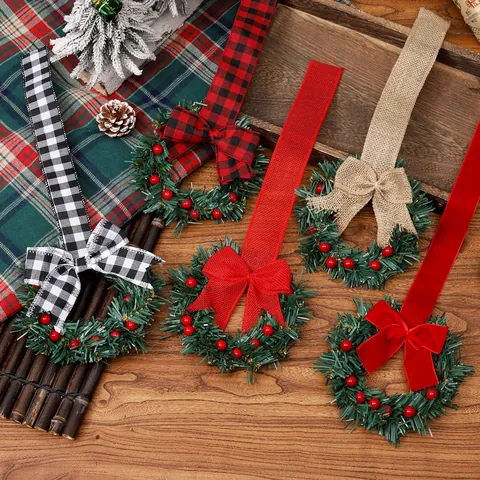 Christmas Cabinet Wreath With Ribbon Bow And Red Berry Simulation Pine Wreath For Kitchen Window Party Holiday Home Decoration