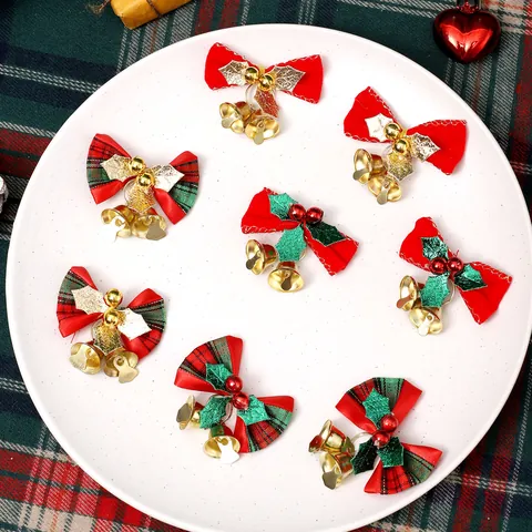Handgefertigte Weihnachtsschleife Mit Gold-Mini-Glocken Rot Grün Kariert Polyester Weihnachtsbaum Hängende Dekoration Geschenkbox DIY Zubehör