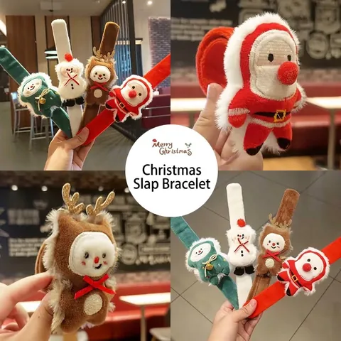 Christmas Slap Bracelet Plush Reindeer Santa Snowman Slap Ring Party Favor For Kids Holiday Decoration Bracelet Gift