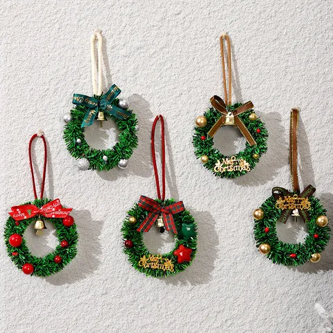 Mini Christmas Wreath Hanging Ornaments Plastic Polyester Alloy Bell Bow Wreath Car Hanging Xmas Tree Window Decor Gifts