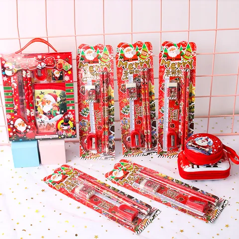 Set de Papelería Navideño para Niños Patrón de Papá Noel Lápiz de Madera Borrador Regla Juego Regalos Escolares Kit de Papelería