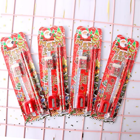 Set de Papelería Navideño para Niños Patrón de Papá Noel Lápiz de Madera Borrador Regla Juego Regalos Escolares Kit de Papelería