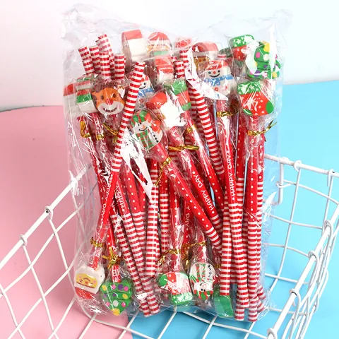 Christmas Cartoon Wood Pencils With 3D Eraser Toppers Santa Snowman Reindeer Pattern HB Pencils For Kids Student Rewards Stationery Gift