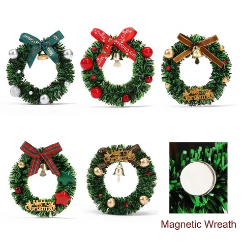 Miniature Christmas Wreath Magnetic Fridge Magnet With Bow And Bell Simulated Pine Wreath For Home Holiday Decor