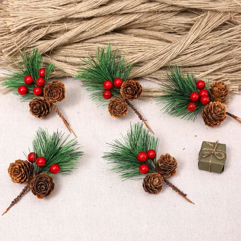 Christmas Pine Needle Branch Decor Artificial Pine Cone Red Berries Stem For Xmas Tree DIY Crafts Holiday Home Decoration Accessory
